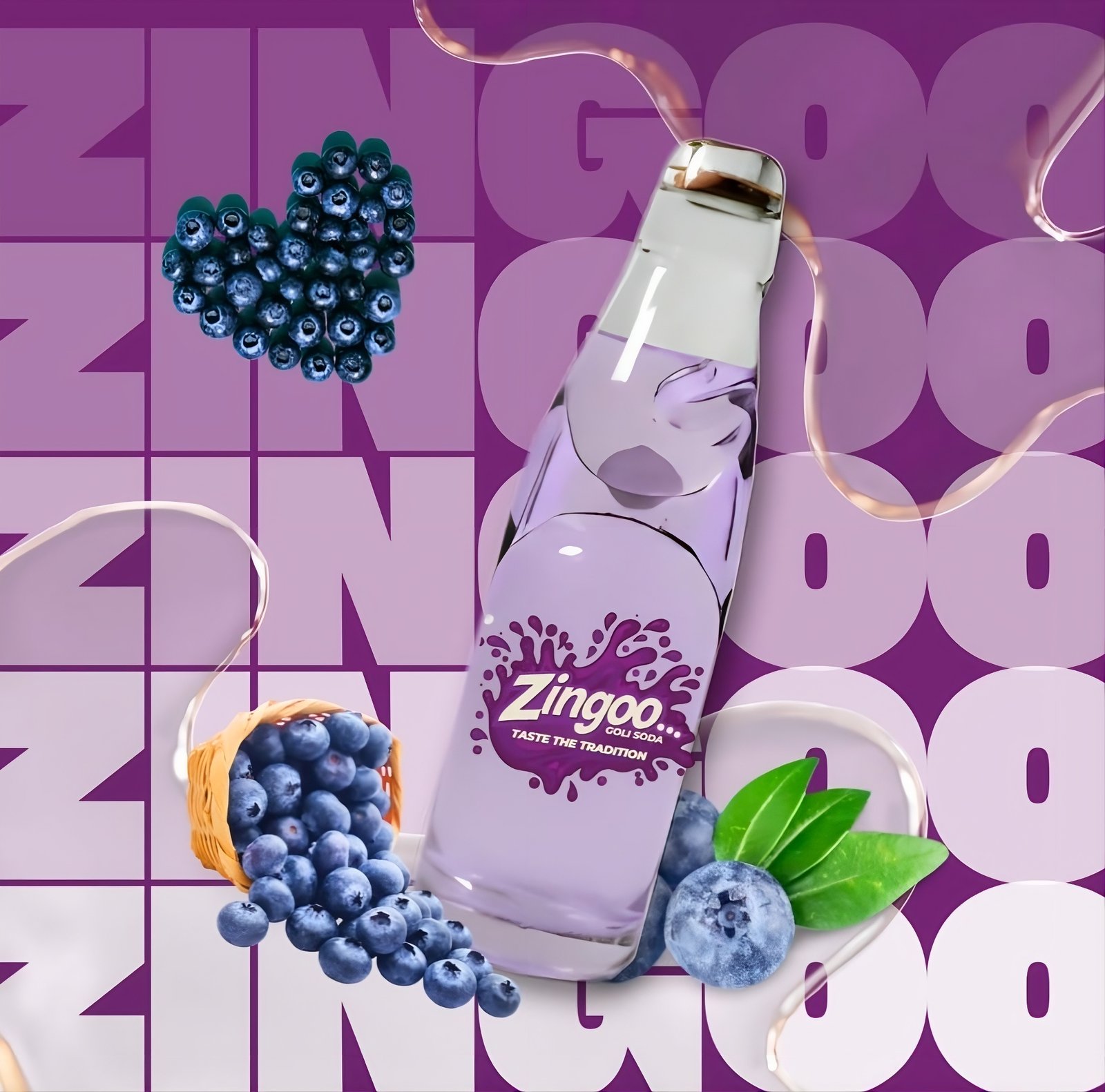 A refreshing glass bottle of Zingoo Blueberry Goli Soda with the classic marble seal, showcasing vibrant purple color and nostalgic fizz.