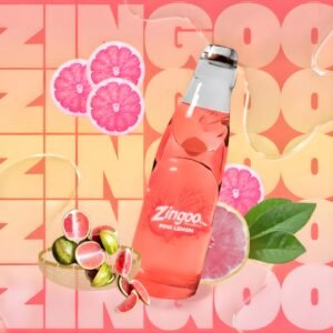 Transparent glass goli soda bottle filled with aromatic Pink Lemon flavored sparkling water by Zingoo