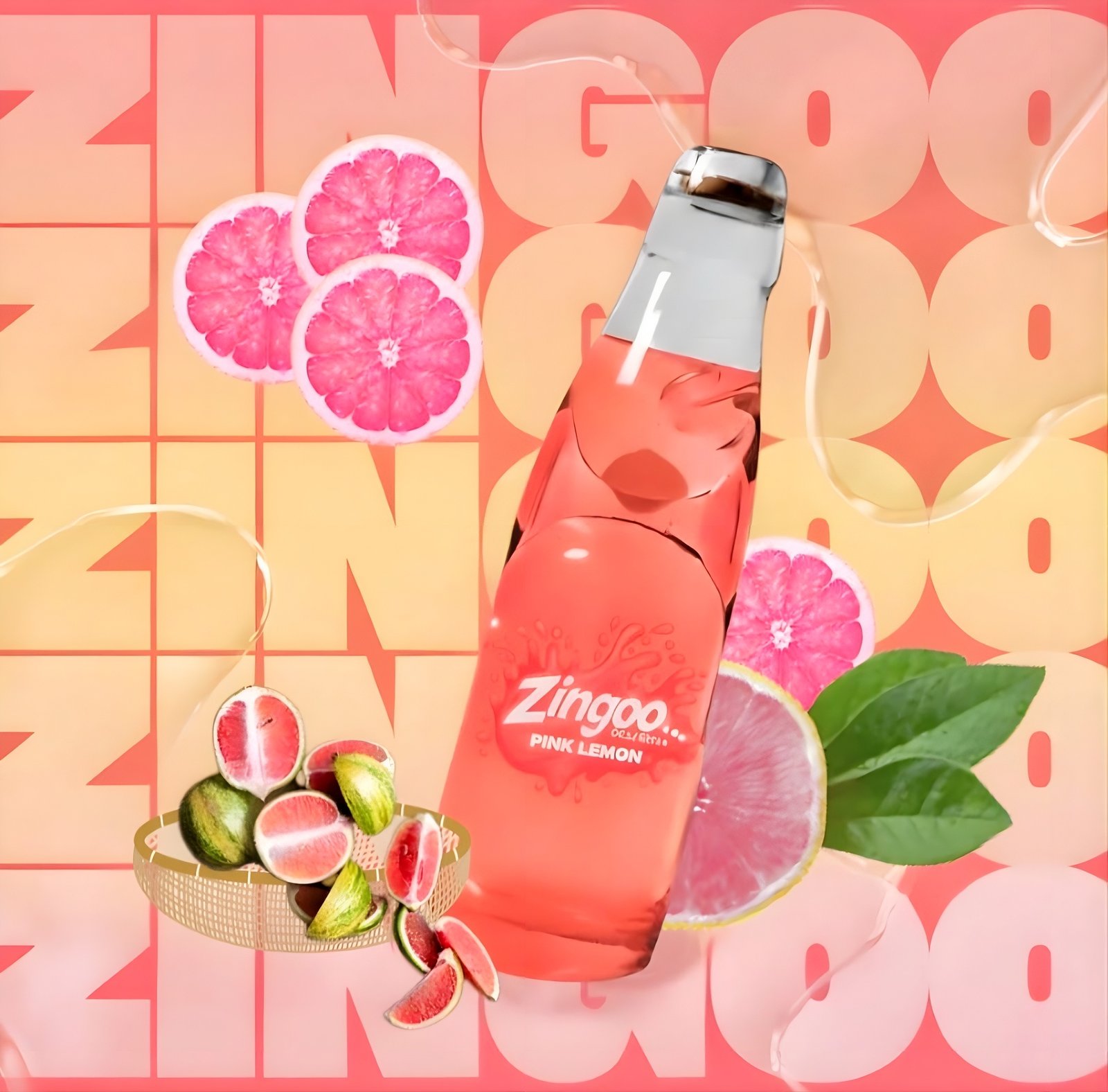 Transparent glass goli soda bottle filled with aromatic Pink Lemon flavored sparkling water by Zingoo